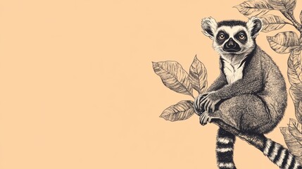 Fototapeta premium Charming Lemur Illustration with Stylish Background and Leaves