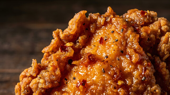 Crispy fried chicken breast piece closeup.