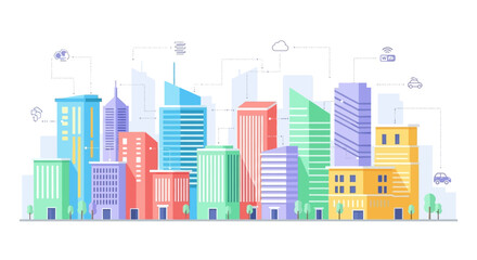 Naklejka premium Colorful Modern Cityscape with Diverse Buildings and Sky.