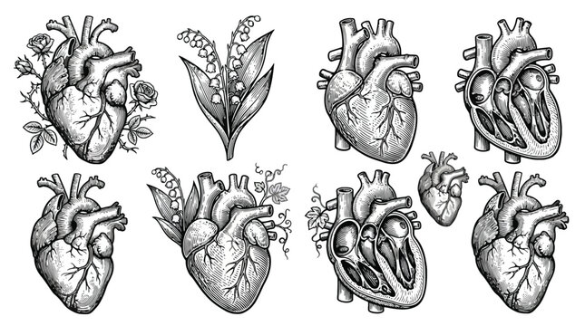 Anatomical Heart Drawings Featuring Multiple Hearts.