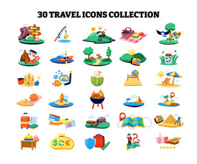 Fototapeta premium Set of travel Icon set collection, summer travel elements cartoon stickers vector illustration. vacation and tourism concept sticker with beach, hiking, picnic, airplane, suitcase, hotel Symbols.