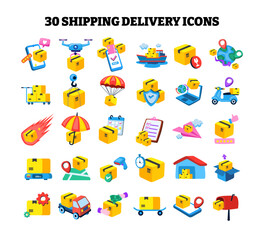 Fototapeta premium Set of shipping and delivery Icon set collection, shipping elements cartoon stickers vector illustration. logistics and transportation concept sticker with package, truck, box, warehouse Symbols.