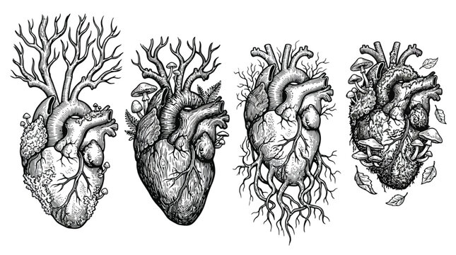 Anatomical Hearts Illustration Showing Four Realistic Hearts.