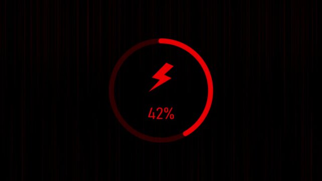 A circular loading bar with a red lightning bolt and the number 11% displayed in the center on a dark black background with red vertical lines