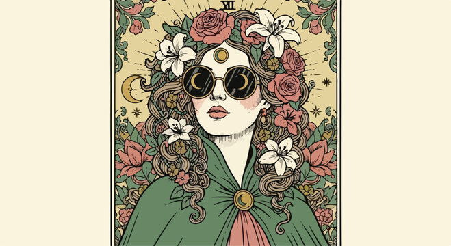 Vintage tarot card illustration of woman with floral crown and sunglasses, mystical goddess art with roses and lilies, celestial bohemian vector poster
