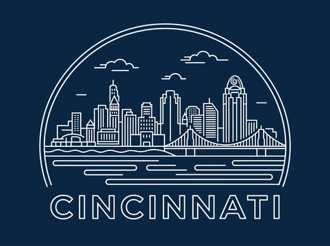 Cincinnati Ohio Skyline Minimalist Line Art Illustration Cityscape with Roebling Bridge and Skyscrapers on Navy Blue Background