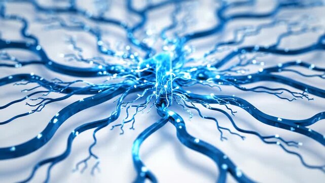A detailed 3D illustration of a neuron with glowing blue dendrites and axon