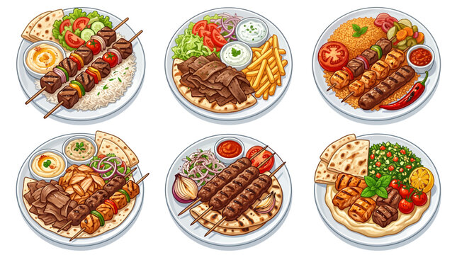 Traditional Middle Eastern and Mediterranean Cuisine Illustration Set Featuring Kebab Platters, Gyro Plates, Fresh Salads, Hummus, and Rice for Gourmet Menus.