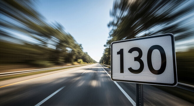 Speed limit sign showing 130 kmh on a highway with motion blur effect, representing highspeed driving and travel safety concepts