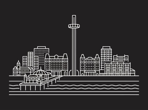Blackpool England City Skyline Minimalist Line Art Illustration Featuring the Blackpool Tower and North Pier on a Dark Background