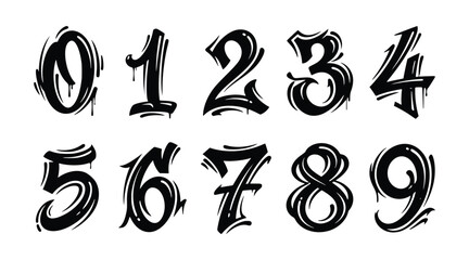 Number 0 to 9 set black graffiti hand drawn street art typography © Leksono
