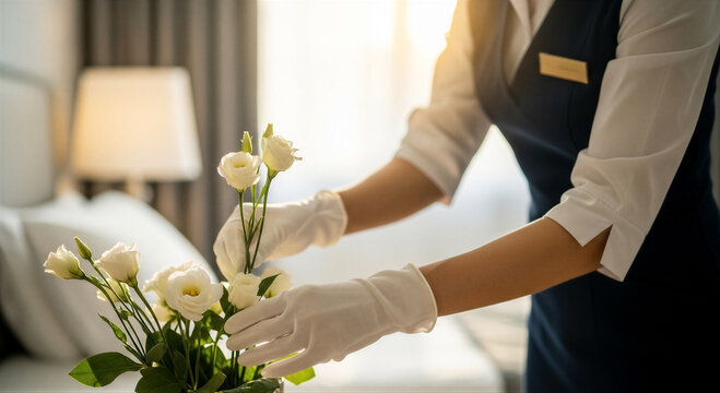 Hotel staff arranging a bouquet of white flowers in a guest room, providing luxury hospitality service with white gloves