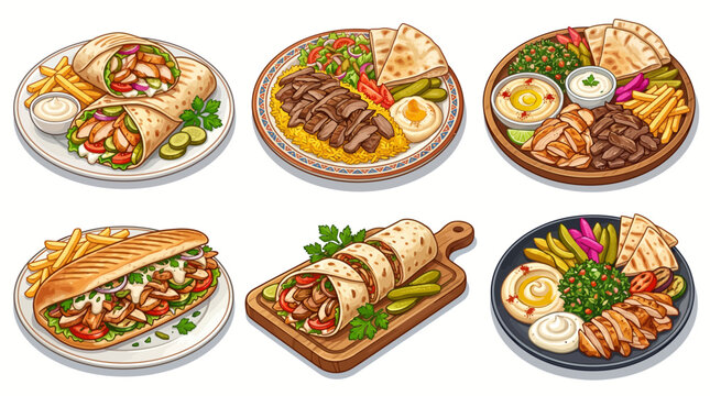 Delicious Middle Eastern Shawarma Food Illustration Set Featuring Chicken Beef Gyro Wraps Platters Hummus Pita Bread Fries and Salad for Restaurant Menu Design