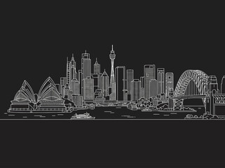 Naklejka premium Sydney Australia City Skyline Minimalist White Line Art Illustration on Black Background
