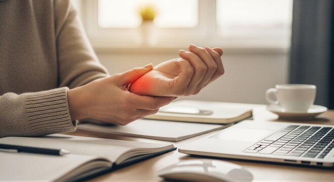 Closeup of a person holding their painful wrist, highlighting discomfort or injury while working at a desk with a laptop and notebook