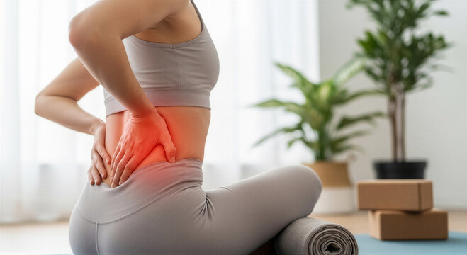 Woman sitting on a yoga mat holding her lower back in pain, highlighting back injury or discomfort during exercise