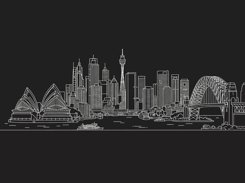 Sydney Australia City Skyline Minimalist White Line Art Illustration on Black Background