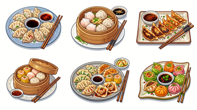 Detailed Illustration Set of Various Asian Dumplings Including Gyoza Dim Sum Shumai and Baozi with Dipping Sauces and Bamboo Steamers on White Background Design