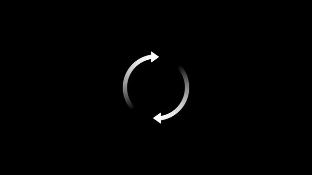 Two white arrows forming a circular refresh or loading symbol with a gradient effect from white to gray on the arcs, set against a dark black background, indicating a continuous cycle or process