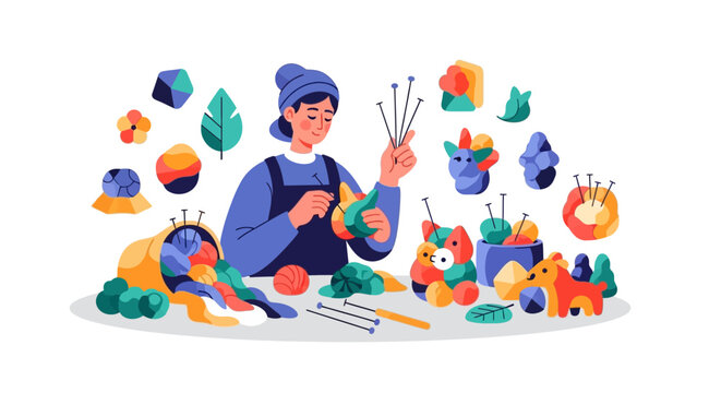 Creative woman crafting colorful handmade toys and objects.