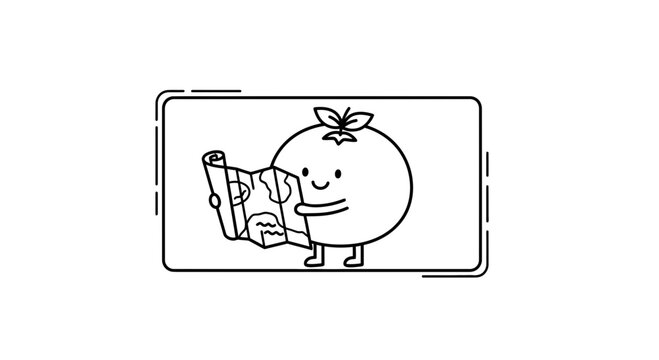 Cute cartoon orange character holding and reading a map, black and white line art.