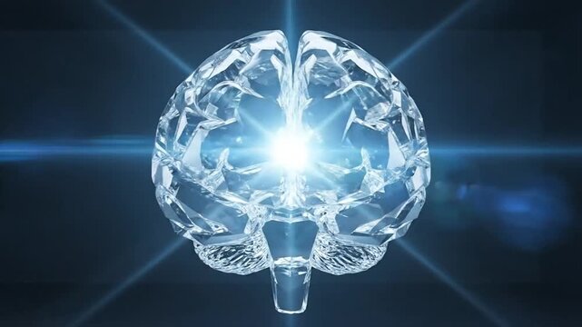 Glowing crystal brain with light rays symbolizing artificial intelligence and innovative thinking