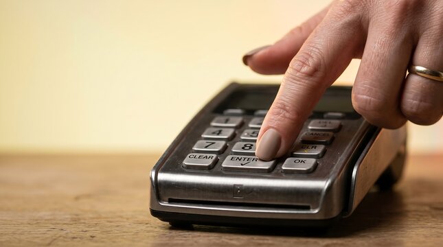 Finger Pressing Button on Metallic Payment Keypad Terminal Checkout Concept
