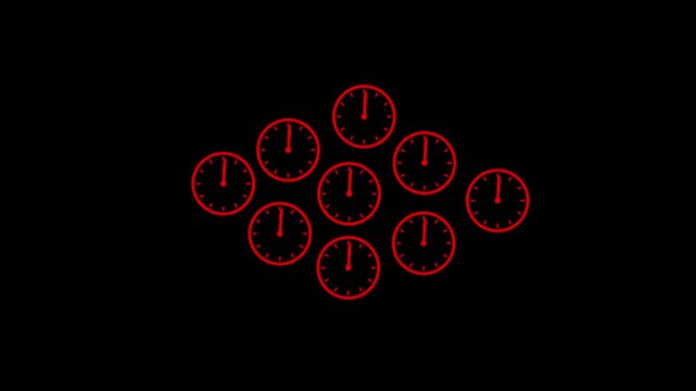 Cluster of nine red circular analog clocks arranged in a scattered pattern on a black background, each displaying the time as approximately seven o'clock with white hands and markings