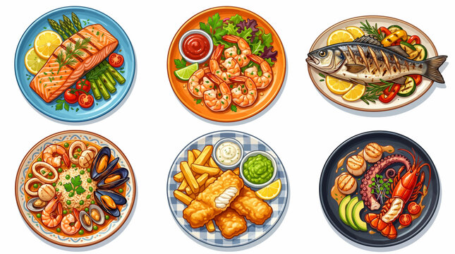 Assorted Seafood Dishes Illustration Collection Featuring Grilled Salmon, Shrimp Cocktail, Whole Roasted Fish, Seafood Paella, Fish and Chips, and Lobster Tail