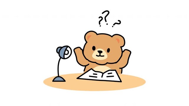 Confused bear animation at desk with lamp and book.  4k cute animated Suitable for educational content or humorous designs featuring animals at work.