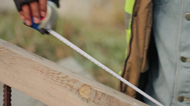 Closeup hands measuring and marking board for repair, tape measure pressed to timber edge, visible wood grain, gloved fingertips align measurement, tactile focus on accuracy before cut
