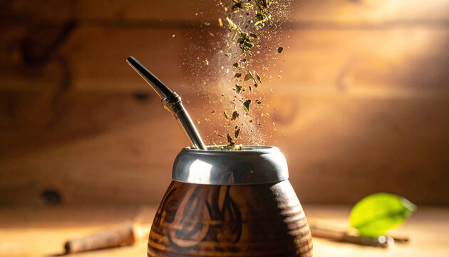 Yerba mate cayendo en mate de algarrobo
