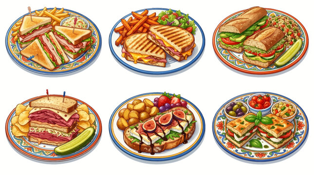 Assorted Gourmet Sandwich Plates Collection Featuring Club Sandwich Grilled Panini Deli Reuben Baguette Focaccia and Fig Toast with Sides for Menu Illustration