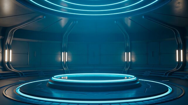 Futuristic empty sci fi room interior with glowing neon circular platform stage