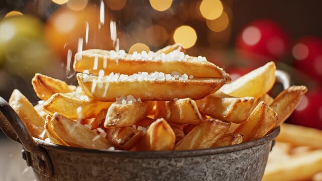 Fried potato sticks in metal bucket for appetizing food commercials and menu design