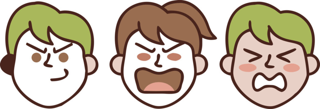 Cartoon faces with different angry expressions and hairstyles