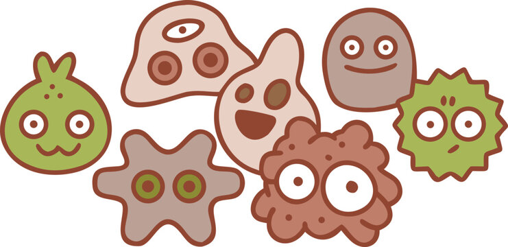 Cartoon microbe cells with smiling faces on white background