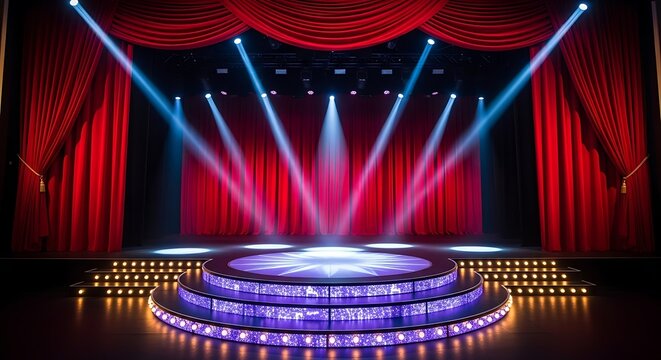 Empty theater stage with bright spotlights and red velvet curtains, spotlight