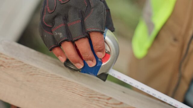 Closeup hands measuring plank for repair, fingered gloves hold tape steady while marking millimeter increments on wood, intimate DIY scene with sanding dust and steady motion, careful prep for final