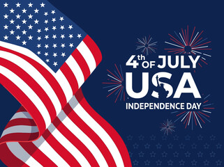 4th of July USA Independence Day Celebration Background with Waving American Flag, Fireworks, and Statue of Liberty Silhouette for Patriotic National Holiday © Sigit