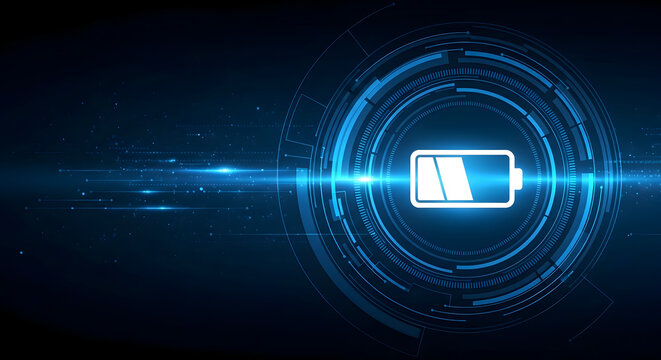 Digital battery icon glowing inside blue futuristic circular interface representing power charge and energy management