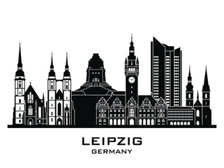 Fototapeta premium Leipzig Germany Skyline Silhouette Vector Illustration - Black and White City Landmarks Design