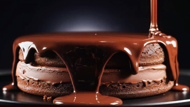 Slow motion close up of chocolate ganache being poured over layered cakes in a dark moody setting