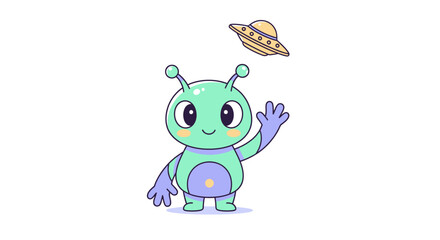 Obraz premium Cute green alien waving hello with a UFO above.
