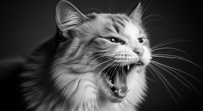 Furry feline with open mouth expression.