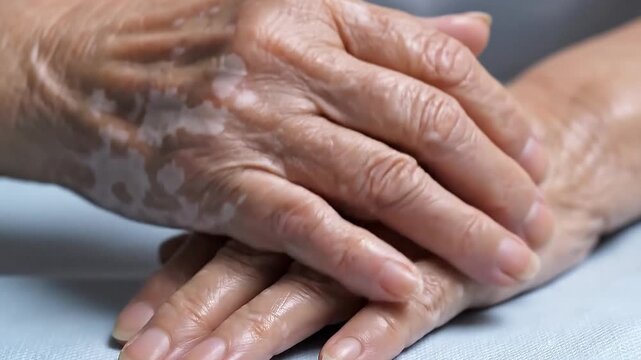 High resolution depiction of vitiligo on hands, contrasting depigmented white patches against natural skin tone, detailed skin texture and fine lines, inclusive healthcare concept