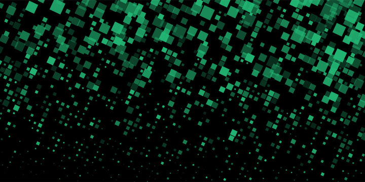 Dark green abstract background featuring pixel-like squares in random layout. Futuristic digital design for technology and data concepts.