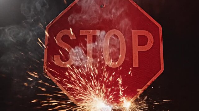 Red Stop Sign with Sparks and Splashes, Dramatic Lighting, Danger Concept