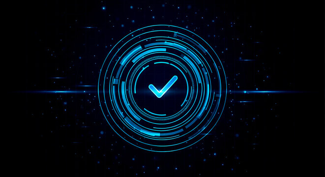 Glowing blue checkmark inside futuristic digital HUD circle representing cybersecurity approval success and verified technological process