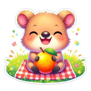 cute cartoon bear holding orange in picnic setting with colorful confetti